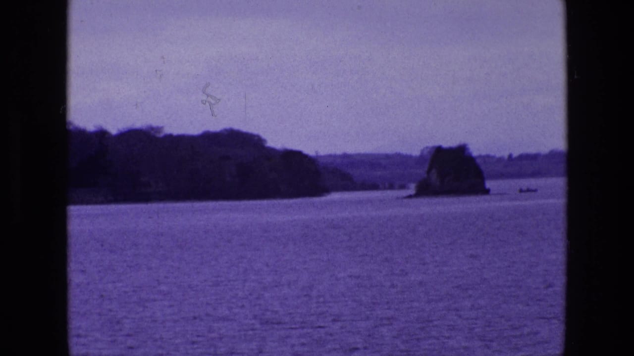 Calm water with a rocky outcrop, wooded shoreline, pale sky, and a small distant boat.