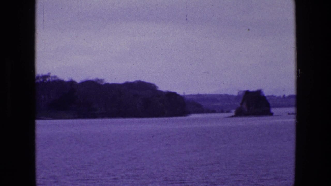 Wide water view with tree-lined shore, rocky outcrop, pale sky, and small distant boat.