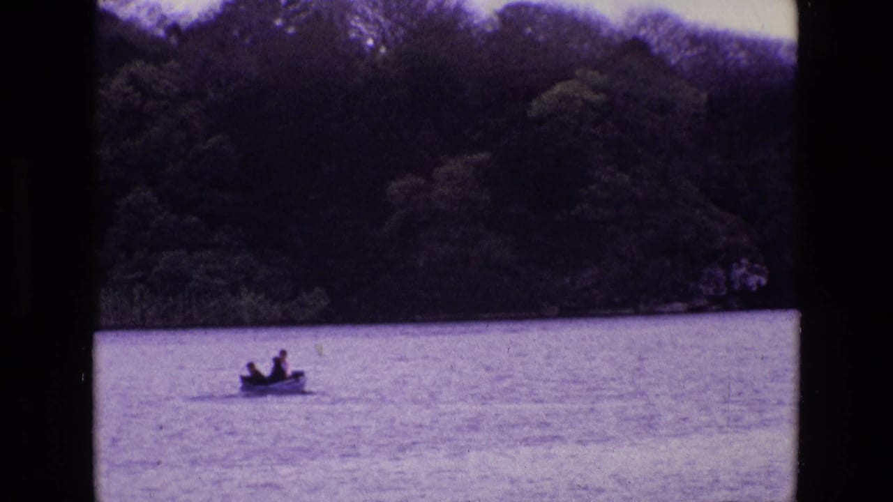 Small boat with two distant figures moving across water below trees.