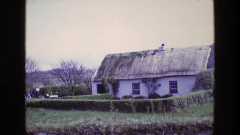 1969 Ireland home-movie frame of a thatched rural cottage behind a hedge, with grass foreground and leafless trees beyond.