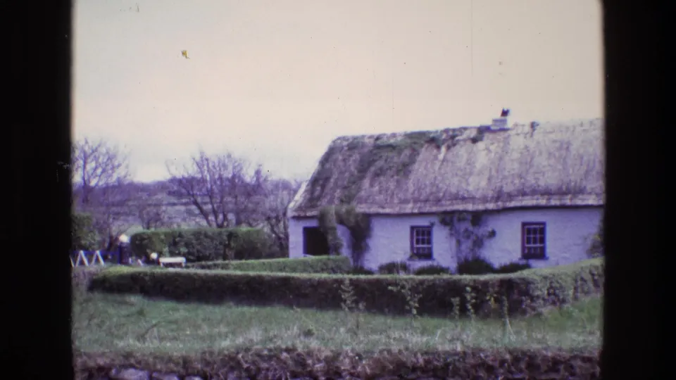 1969 Ireland 8mm frame of a whitewashed thatched cottage set behind a hedge, grass, low wall, and bare trees.