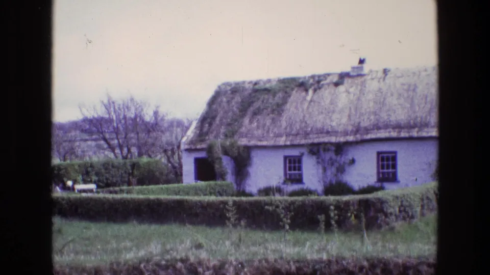 1969 Ireland 8mm view of a thatched cottage with white walls, small windows, a clipped hedge, and winter-bare trees.