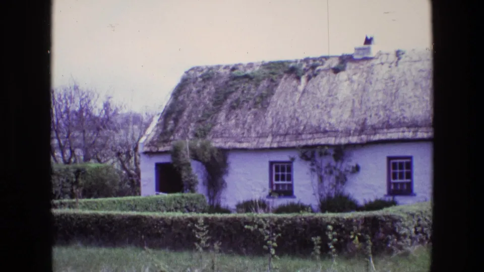 1969 Ireland 8mm view of the whitewashed thatched cottage framed by a hedge, low stone wall, grass, and leafless trees.