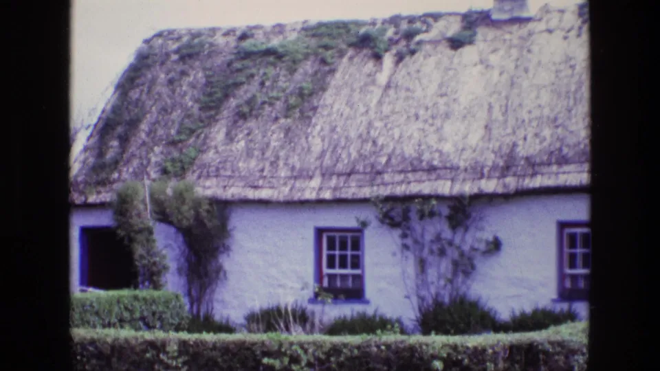 1969 Ireland frame showing a closer crop of the thatched cottage, with an open doorway, whitewashed wall, hedge, shrubs, and roof texture.
