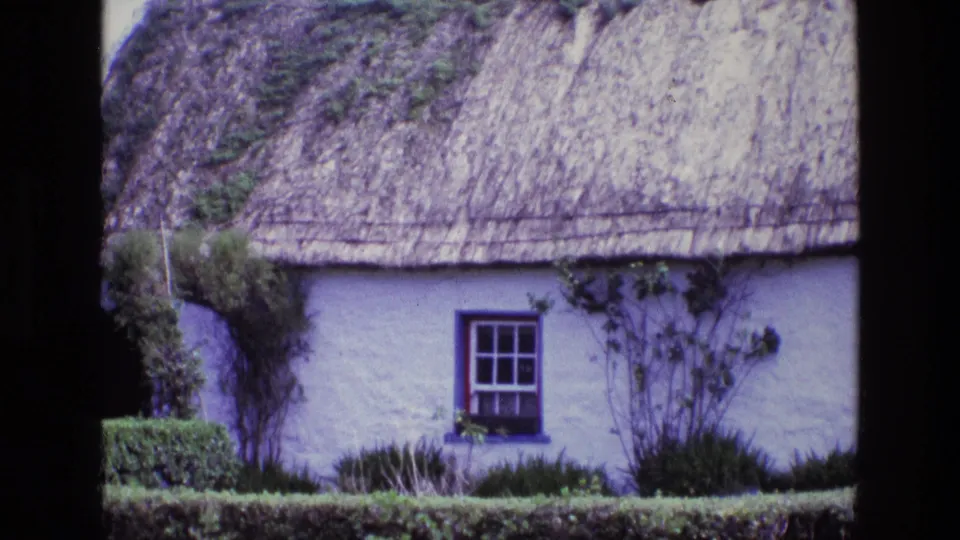 1969 Ireland home-movie frame cropped across the cottage exterior, showing the thatched roof, central window, white wall, hedge, and bare branches.