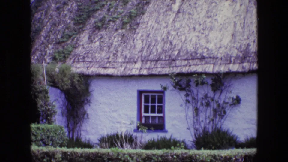 1969 Ireland frame with the thatched roof and blue-framed cottage window centered among hedges and climbing plants.