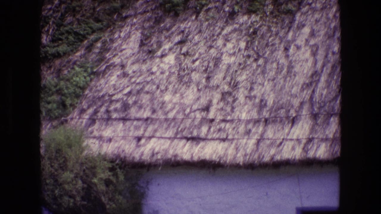 1969 Ireland home-movie frame with the camera higher on the sod or thatch roof, showing dense texture and mossy growth.