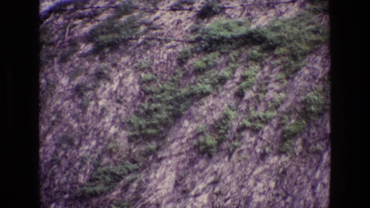 1969 Ireland 8mm frame showing a steep rocky hillside with scattered green shrubs and visible film gate edges.