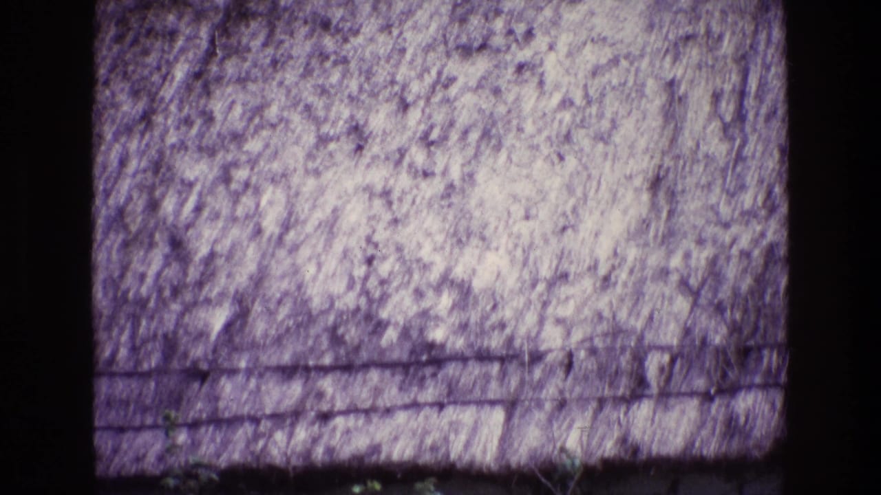 1969 Ireland 8mm frame showing a textured thatched roof above a pale cottage wall, with a strong purple film cast.