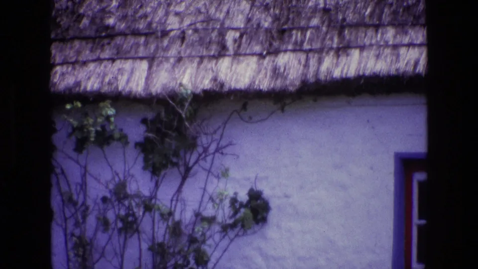 1969 Ireland cottage exterior with ivy on a white wall, thatch overhead, and a partial red-trimmed doorway at the edge.