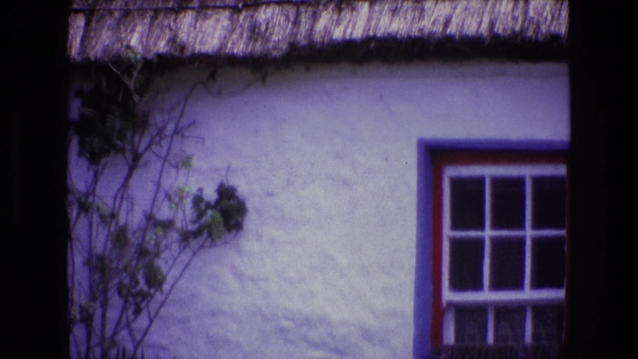 Thatched cottage wall with vines and a red and blue framed window on the right.