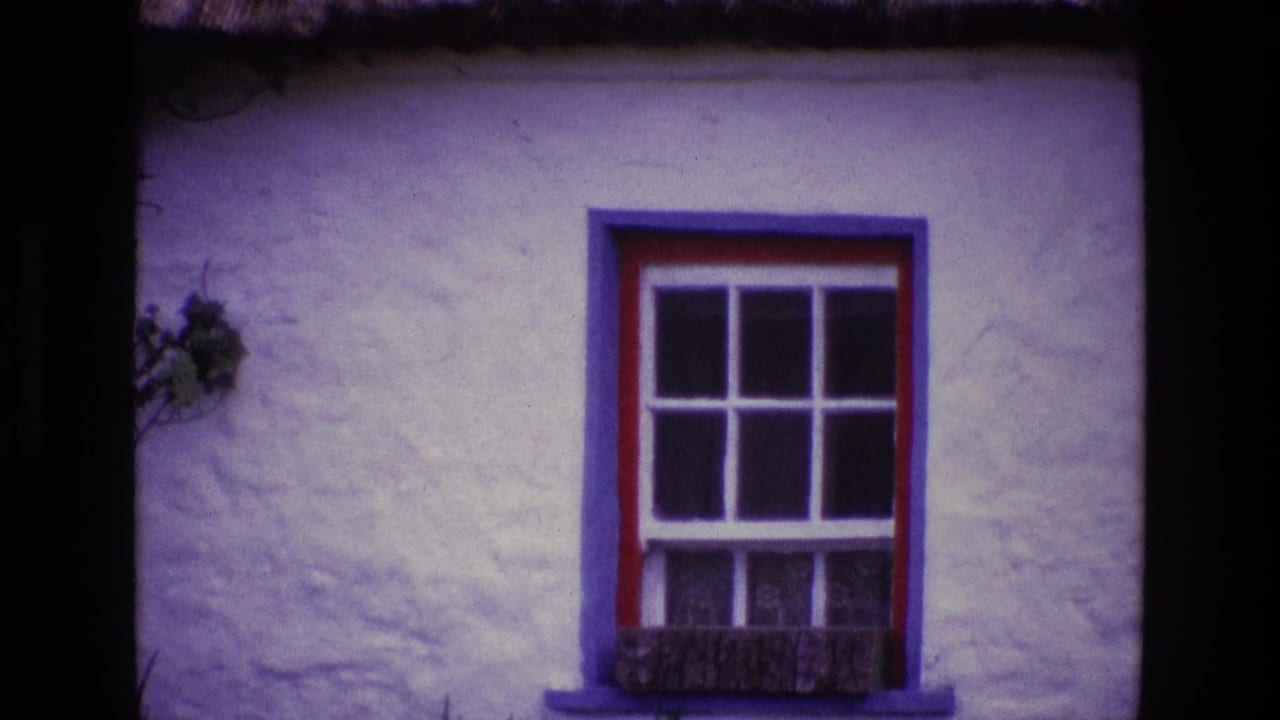 Cottage window with blue outer trim, red inner trim, and a small wall plant nearby.