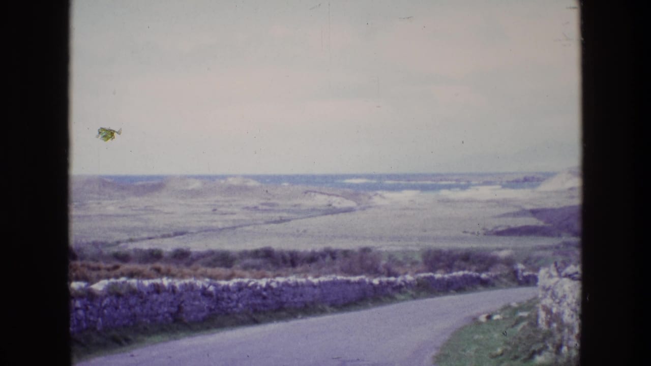 1969 Ireland 8mm view of a coastal road bending past a stone wall toward pale fields, low hills, and a distant water horizon.