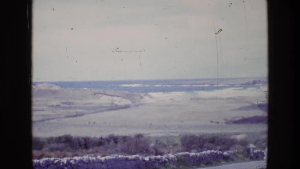 Soft 8mm view of an Irish coastal landscape, with open fields and waves visible beyond a dark car-window edge.
