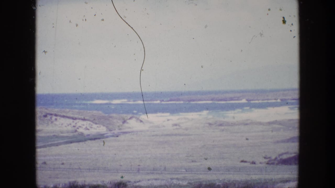 Wide coastal landscape with dunes, sea, surf line, and a visible film scratch.