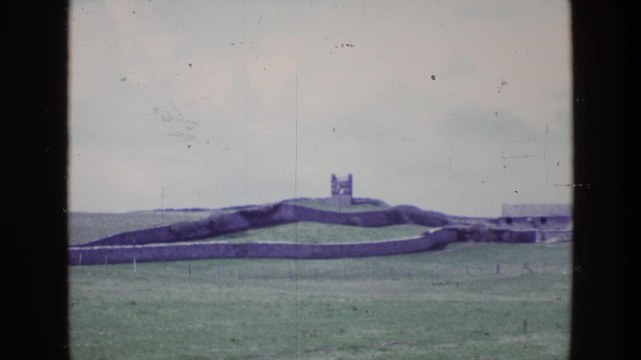 Green field with low stone walls, distant tower, and pale sky.