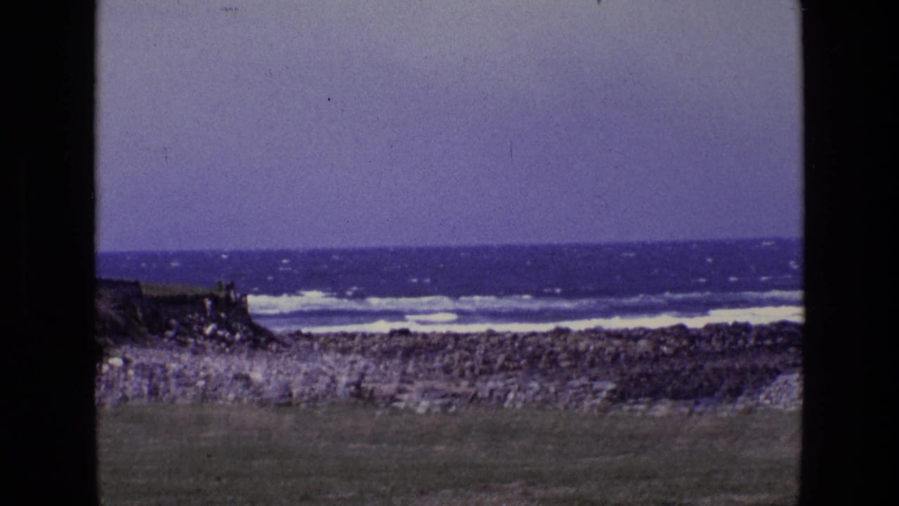 Rocky shoreline with rough blue sea and white waves under a pale sky.