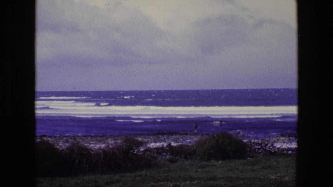 Rocky shoreline with surf bands, low vegetation, and a distant figure near the water.