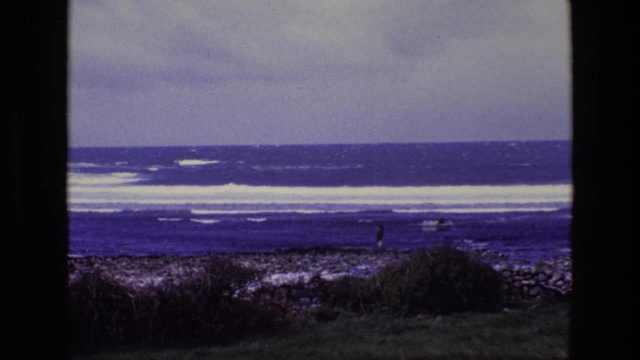 Ocean surf beyond rocks and grass, with a distant person and small boat near shore.