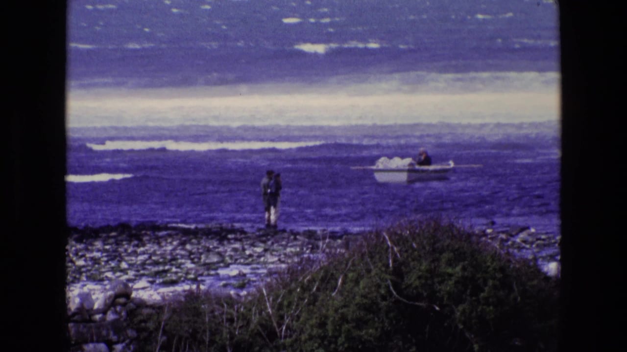 A person stands on a rocky shoreline while a small boat moves across blue water.