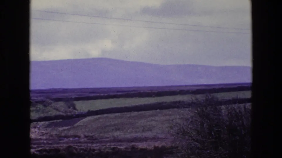Rural Irish landscape on 8mm film, showing patchwork fields, hedgerows, distant purple mountains, clouds, and a dark foreground bush.