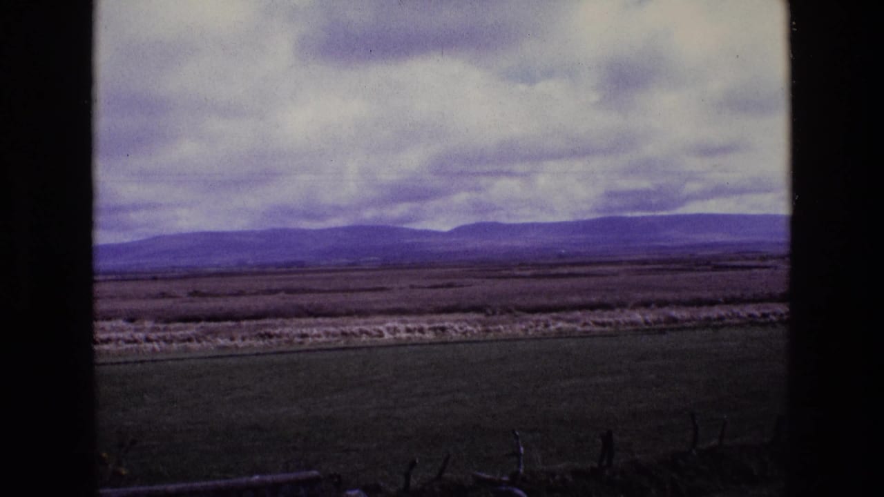 Green rural fields stretch toward distant hills under a cloudy sky.