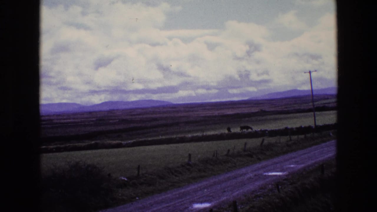 Rural road beside fields with distant hills under a cloudy sky.