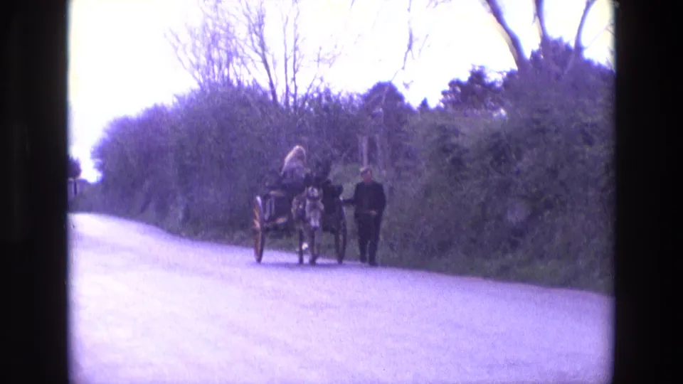 A horse-drawn cart moves along a rural Irish road, with one person leading the horse and another riding on the cart.