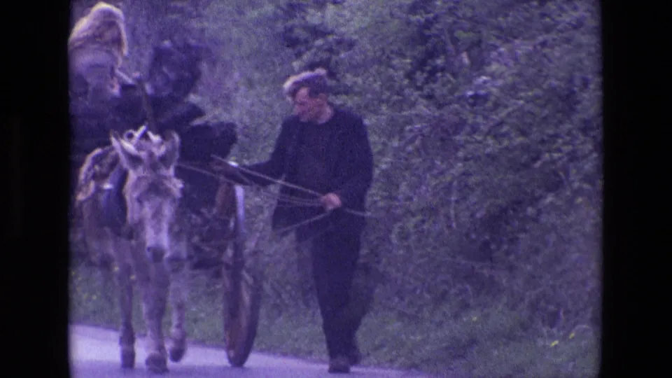 Close 1969 Ireland home-movie frame of a man holding reins as a donkey pulls a cart with a woman seated above.