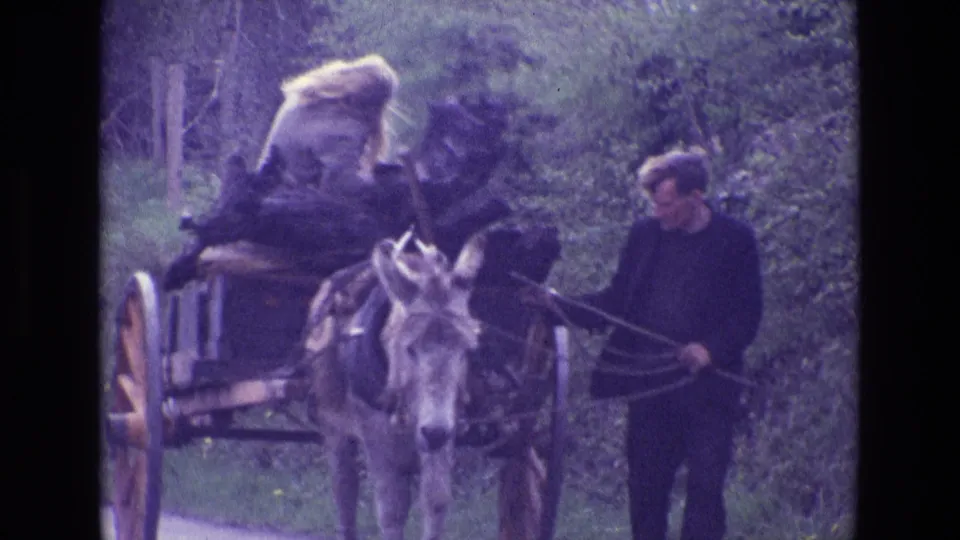 1969 Ireland 8mm frame of a donkey-drawn cart approaching the camera, with a woman aboard and a man walking at the side holding the reins.