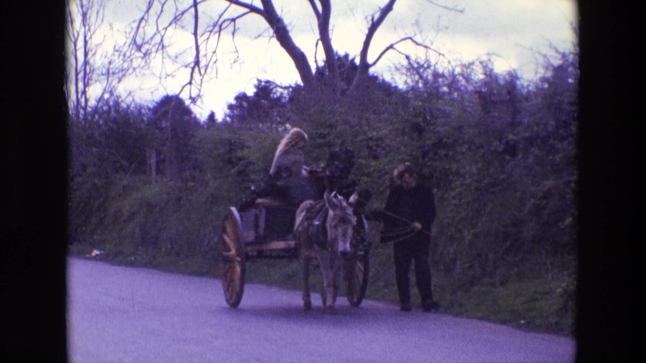 In Ireland in 1969, a donkey-drawn cart moves along a hedge-lined road with a passenger seated and a man guiding the animal.