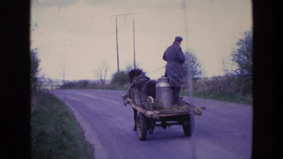 1969 Ireland home-movie view of the horse-drawn milk cart receding along a curved countryside road with hedges and utility poles.