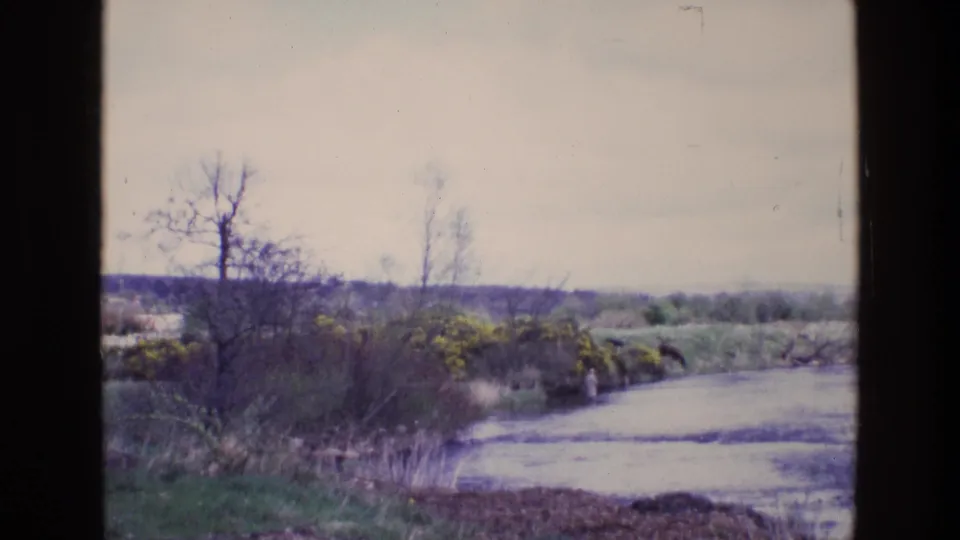 1969 Ireland 8mm frame with a river bend, leafless trees, gorse-like yellow shrubs, grassy banks, and distant countryside.