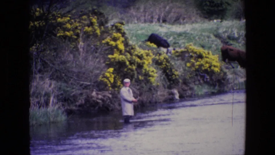 1969 Ireland 8mm frame with the fisherman turned toward camera, river in foreground, gorse and grazing cows behind.