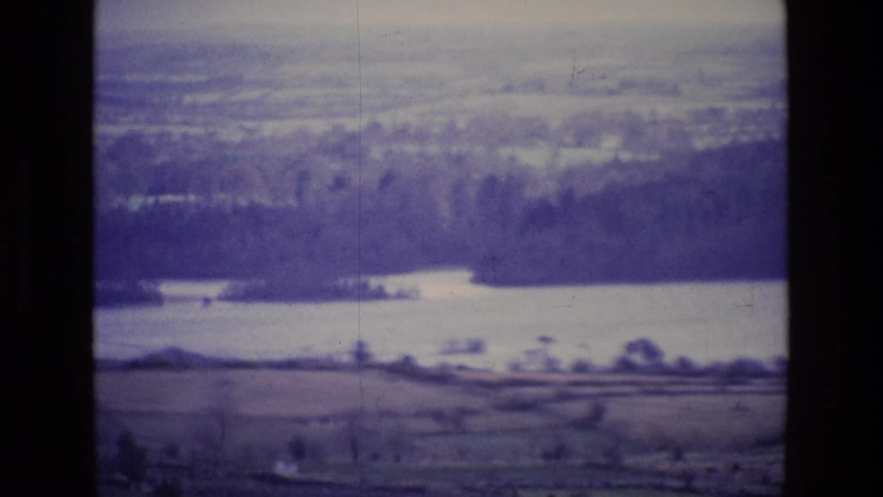 Lake and wooded shoreline seen through a soft purple-tinted film frame.