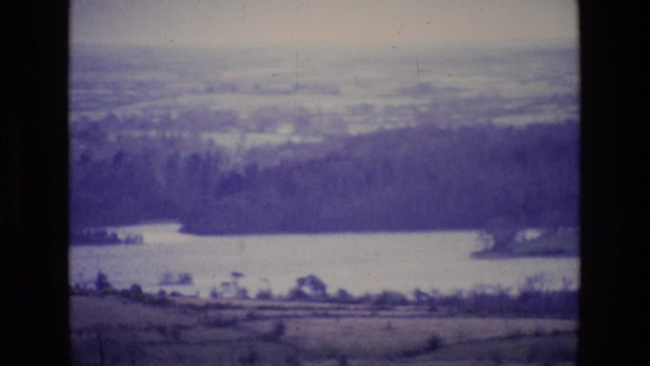 Soft-focus lake and countryside seen from above, with tree bands and open fields.