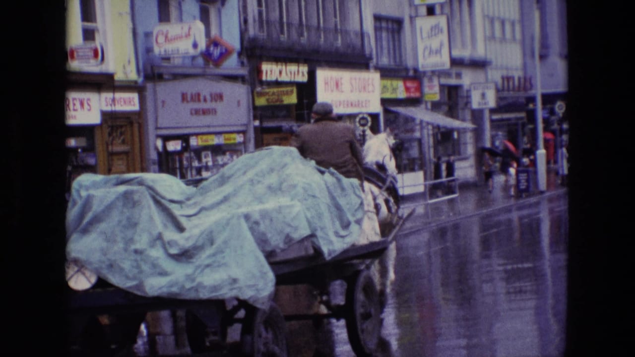 Horse-drawn cart with a covered load moving along a wet street past shopfronts.