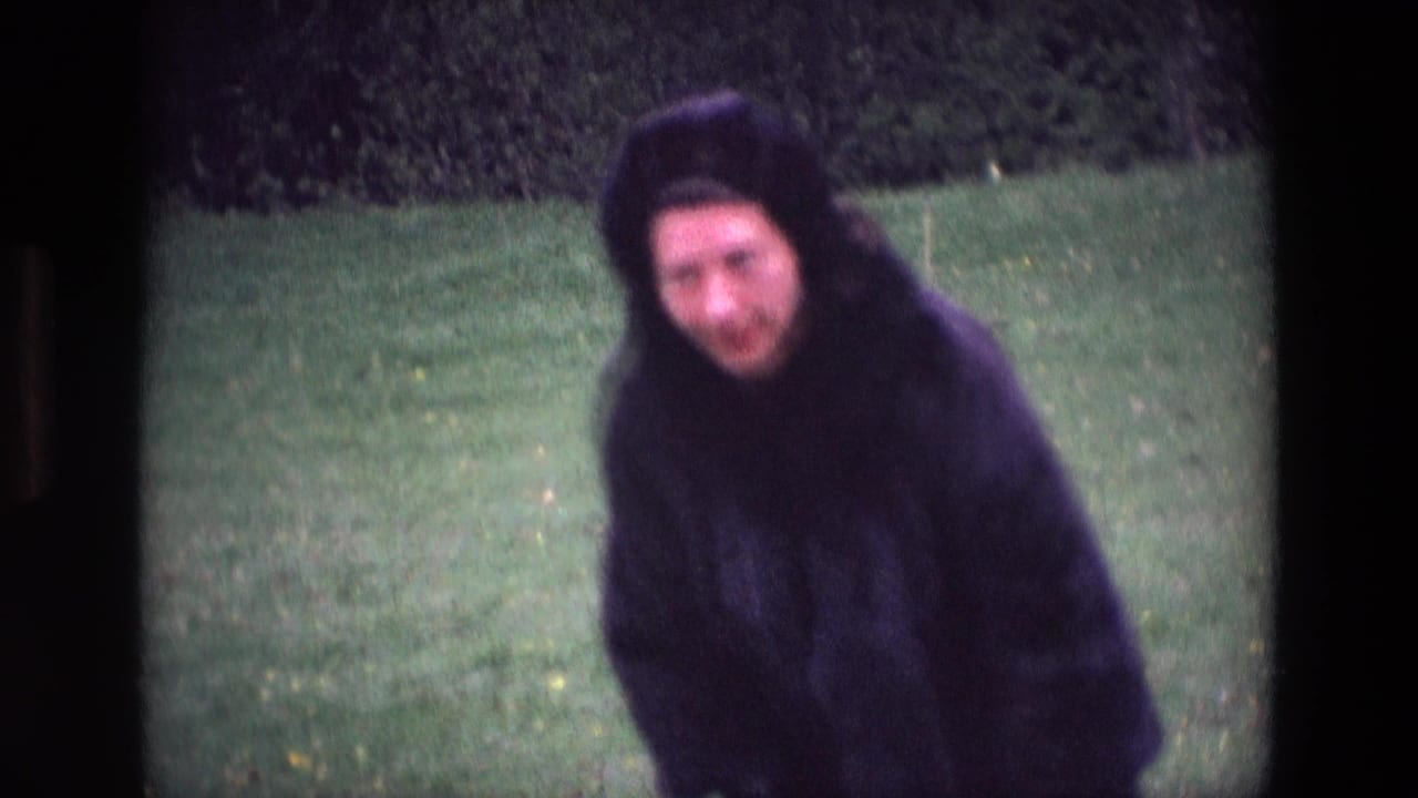 The woman looks toward the handheld camera while standing on a grassy park lawn in the 1969 Ireland home movie.