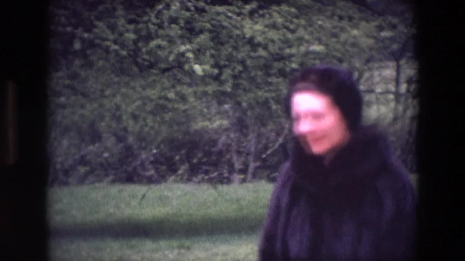 The woman appears in profile, smiling as she moves through the grassy park in the 1969 Ireland footage.