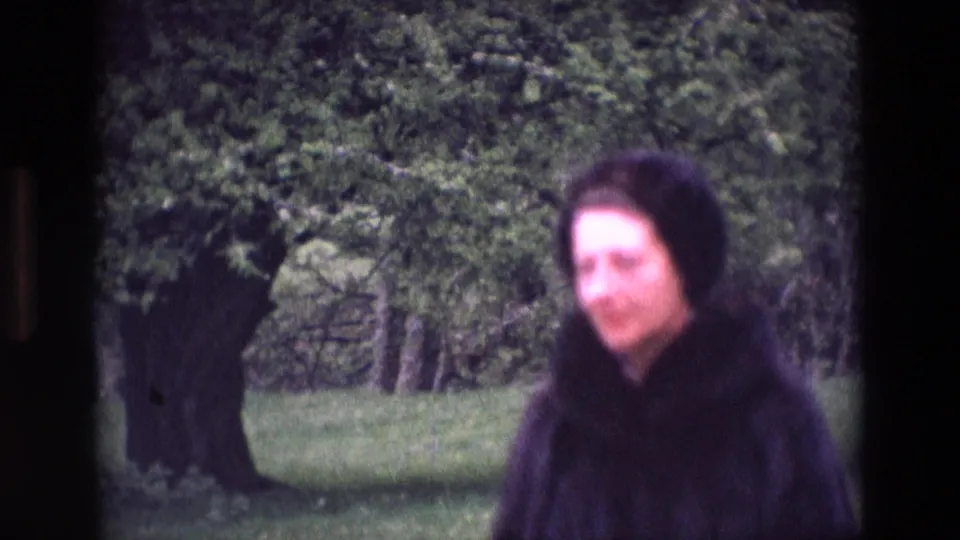 In 1969 Ireland, a woman in a dark coat and hat walks through a leafy park, with large trees and lawn behind her.