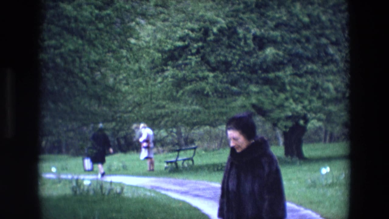 Woman in a dark coat walking beside a winding park path with distant visitors behind her.