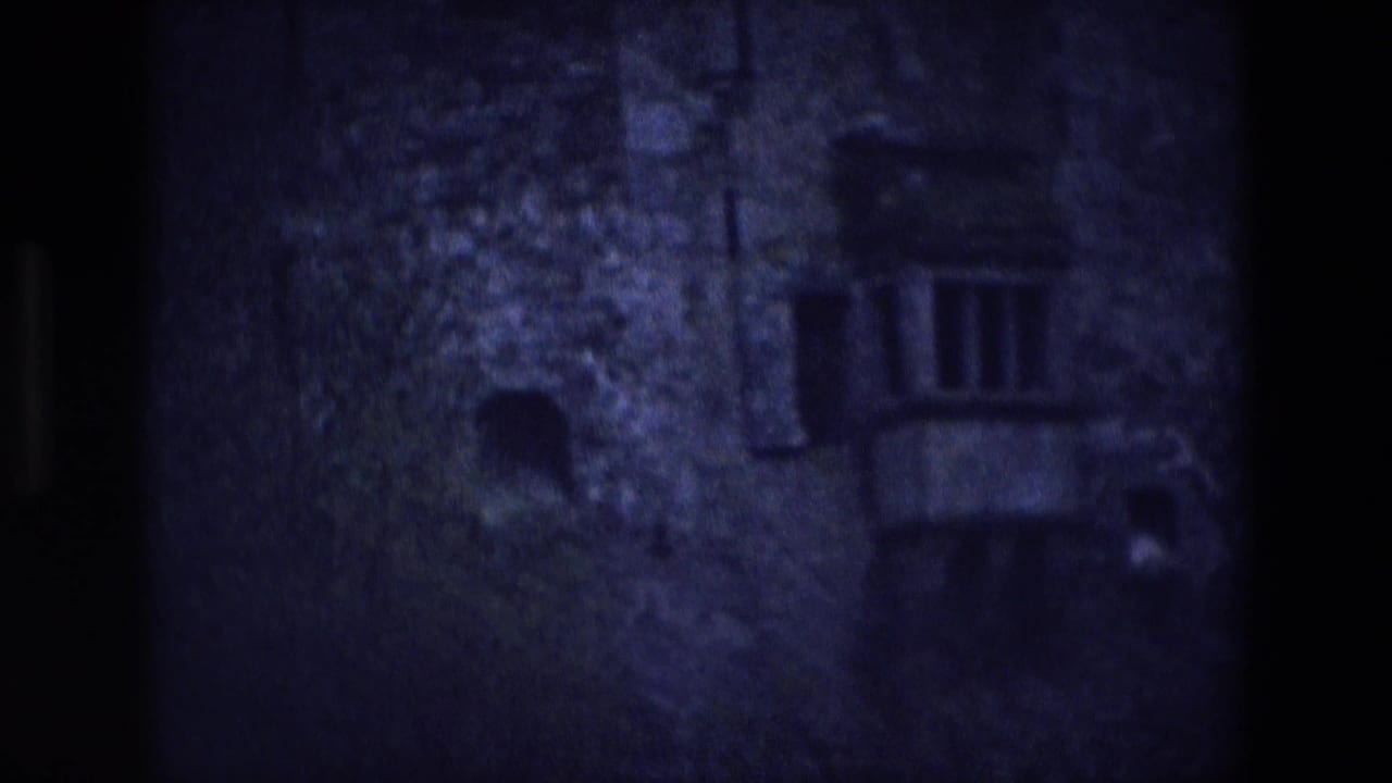 Dark stone castle wall with small windows and a projecting balcony detail.