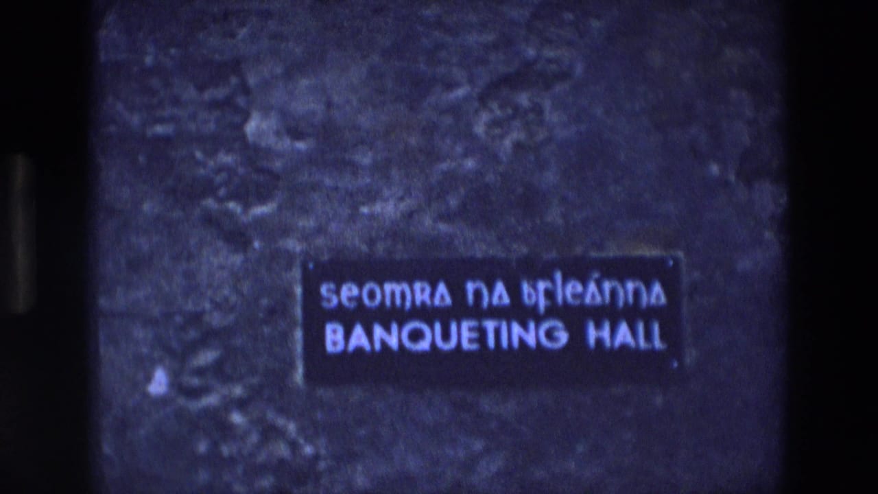 Bilingual sign for a banqueting hall on a dark textured wall.