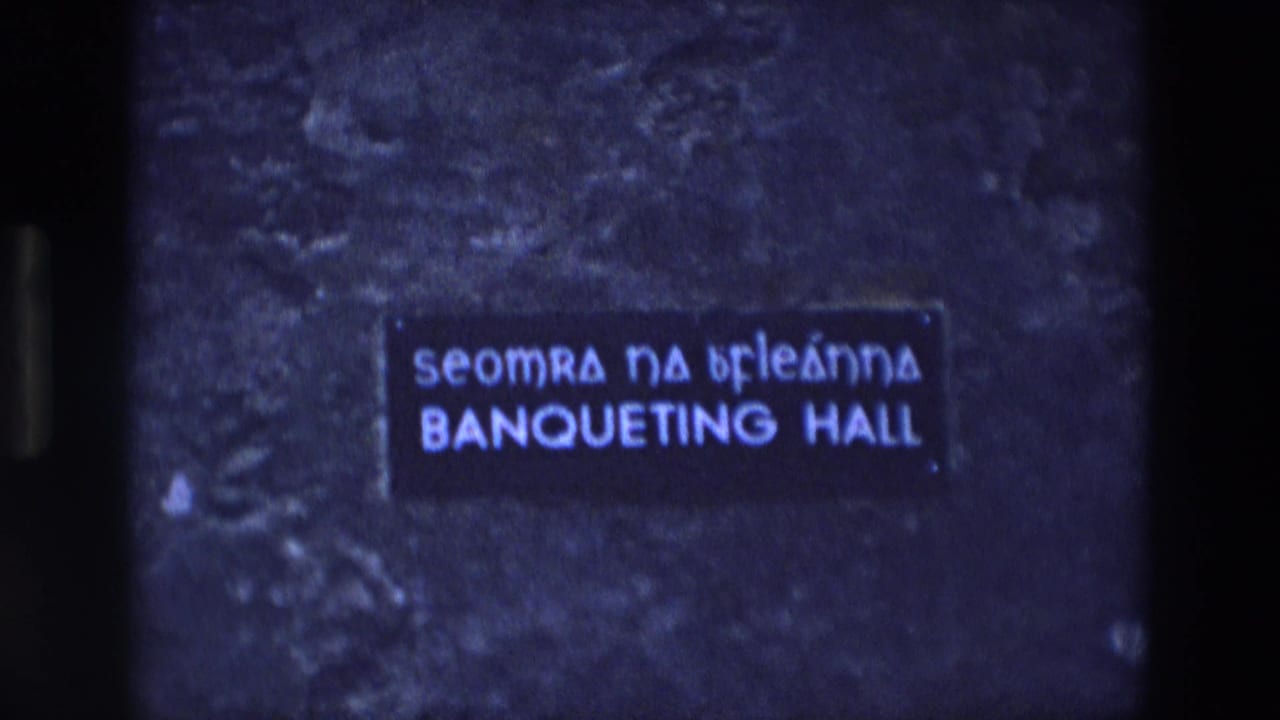 1969 Ireland 8mm frame with a rectangular Irish-English banqueting hall sign in blue-toned archival footage.