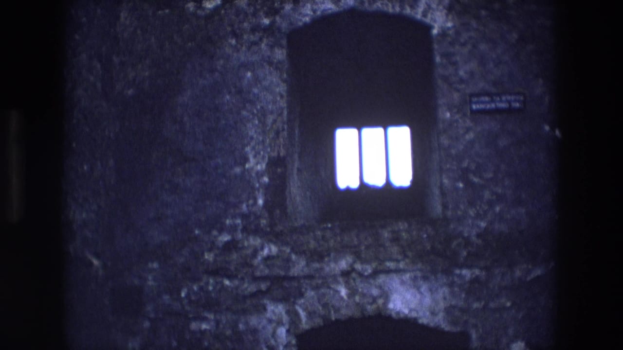 Closer view of an arched window in a rough stone wall with a small sign.