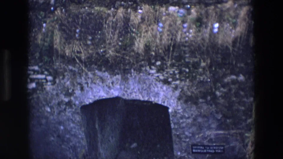 1969 Ireland 8mm frame with a closer view of the arched tunnel entrance beneath overgrown stonework and a small plaque at lower right.