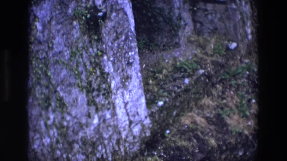 1969 Ireland home-movie frame with a narrow stone opening, mossy wall surfaces, and ground vegetation below.