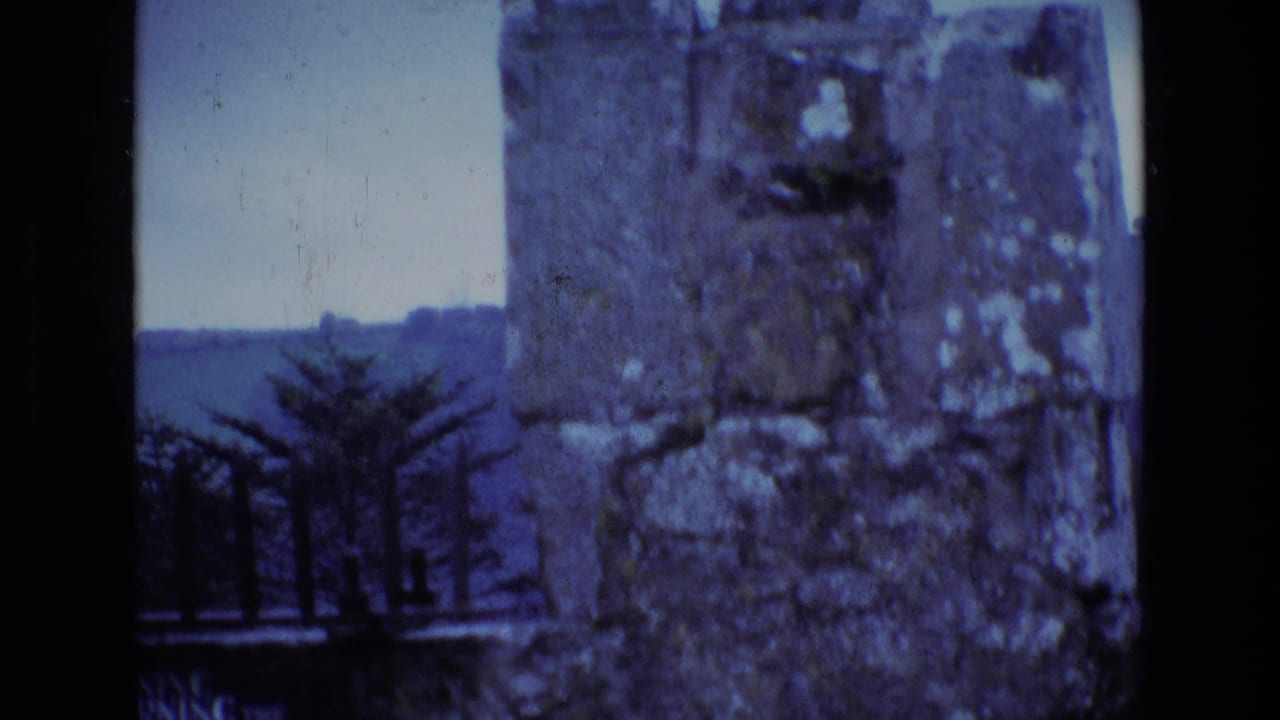 Stone ruin seen through dark window bars, with trees and distant landscape at left.