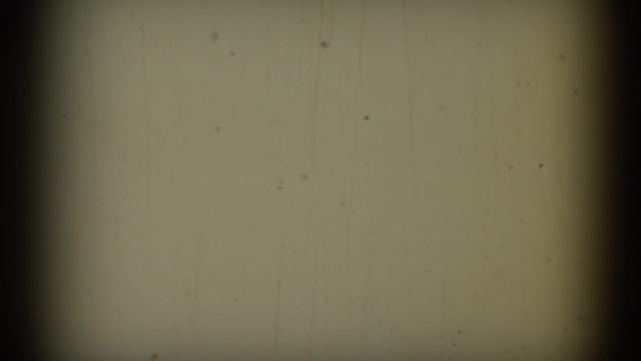 Soft yellowed 8mm frame with dark vertical borders and small dust marks.
