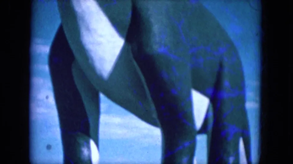 1969 Lake Canyon 8mm frame showing the torso and legs of a green dinosaur-like sculpture or prop with white accents under blue sky.